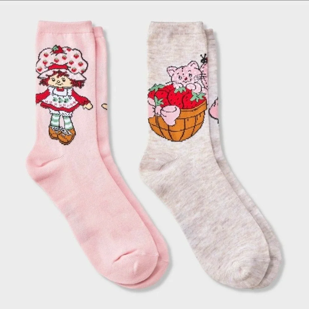 Strawberry Shortcake 2 Pair Crew Socks Gift Box‎ Set Pink Oatmeal Shoe Size 4-10
